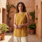 Mustard Mini Floral Hand Print Cotton Sleeveless Side-Tie Long Top