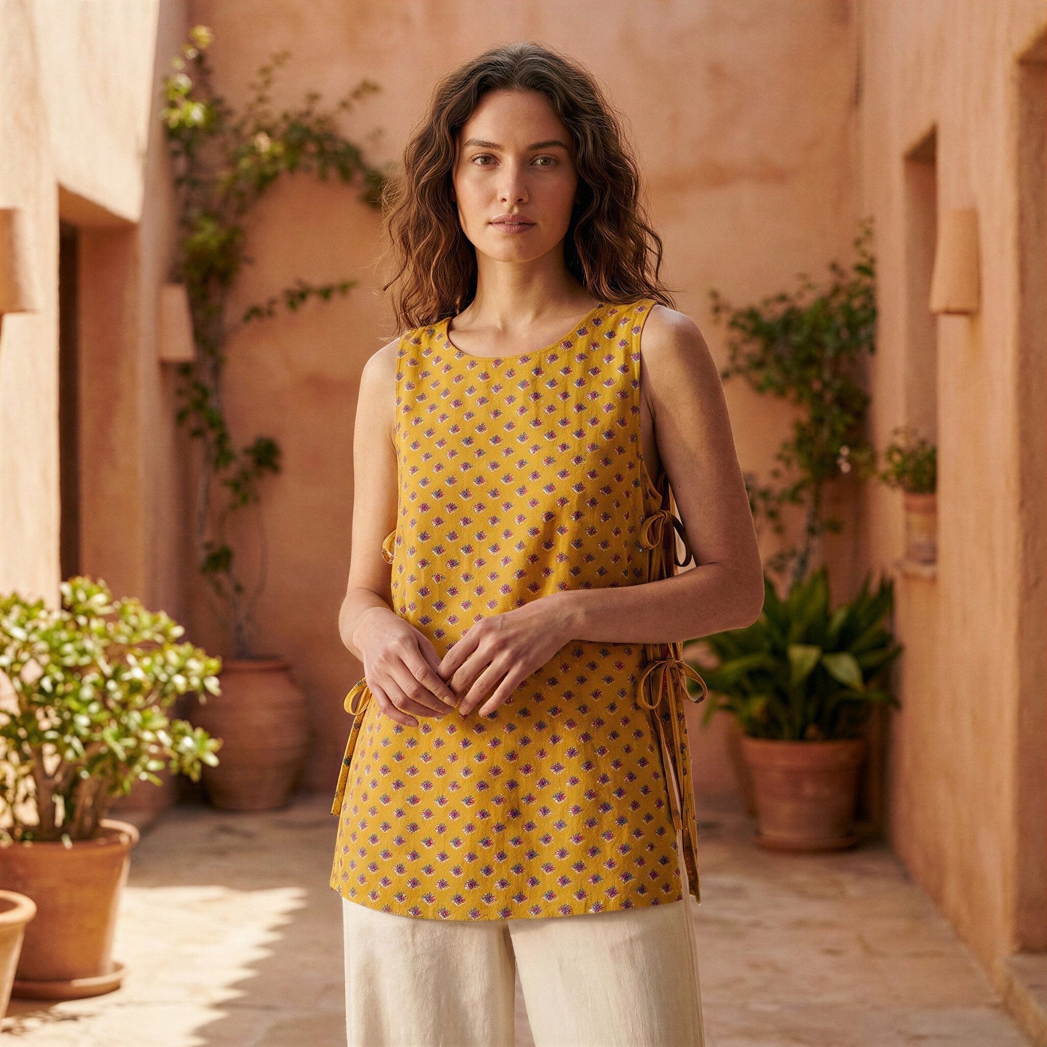 Mustard Mini Floral Hand Print Cotton Sleeveless Side-Tie Long Top