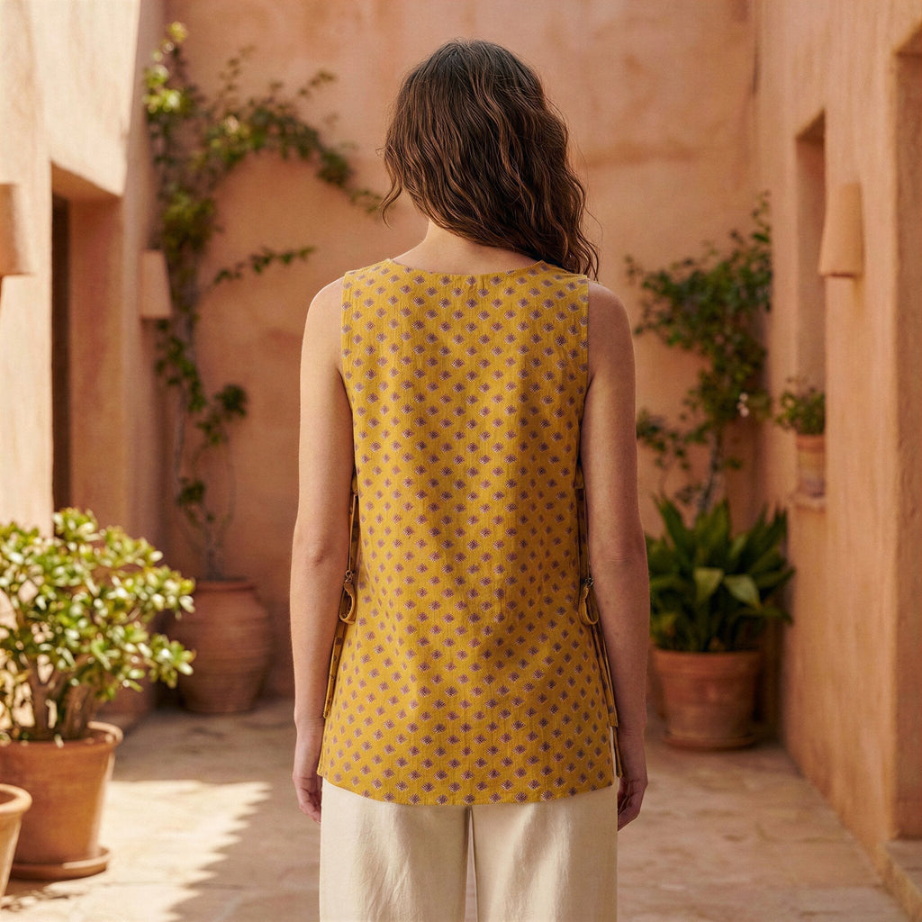 Mustard Mini Floral Hand Print Cotton Sleeveless Side-Tie Long Top