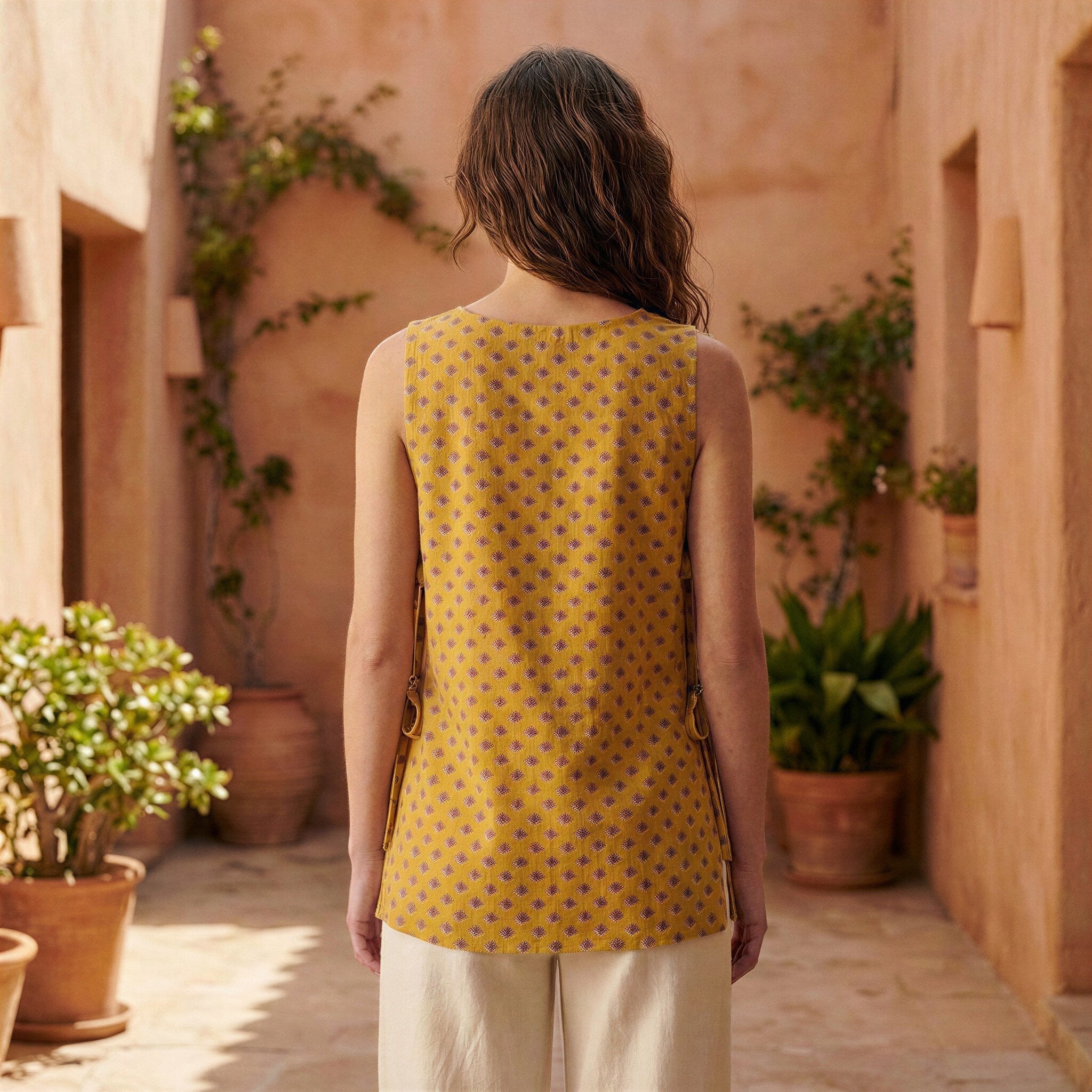Mustard Mini Floral Hand Print Cotton Sleeveless Side-Tie Long Top