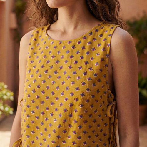 Mustard Mini Floral Hand Print Cotton Sleeveless Side-Tie Long Top