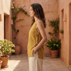 Mustard Mini Floral Hand Print Cotton Sleeveless Side-Tie Long Top
