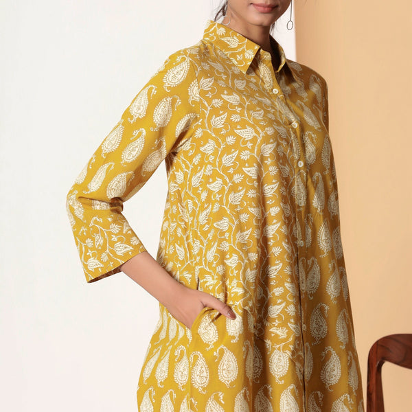 Front Detail of a Model wearing Mustard Paisley Bagru Block Printed Shirt Dress