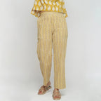 Front View of a Model wearing Mustard Bagru Block Print Straight Pant