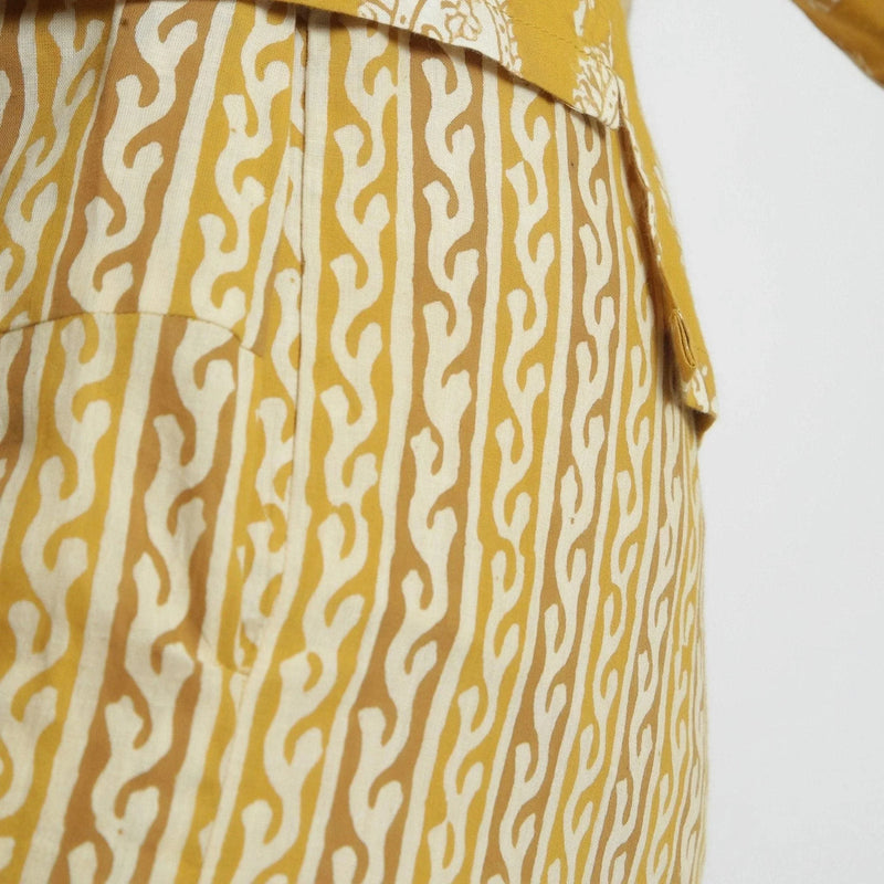 Close View of a Model wearing Mustard Bagru Block Print Straight Pant