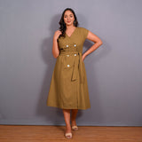 Mustard Warm Cotton Flannel Button-Down A-Line Midi Dress