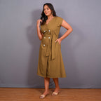 Mustard Warm Cotton Flannel Button-Down A-Line Midi Dress