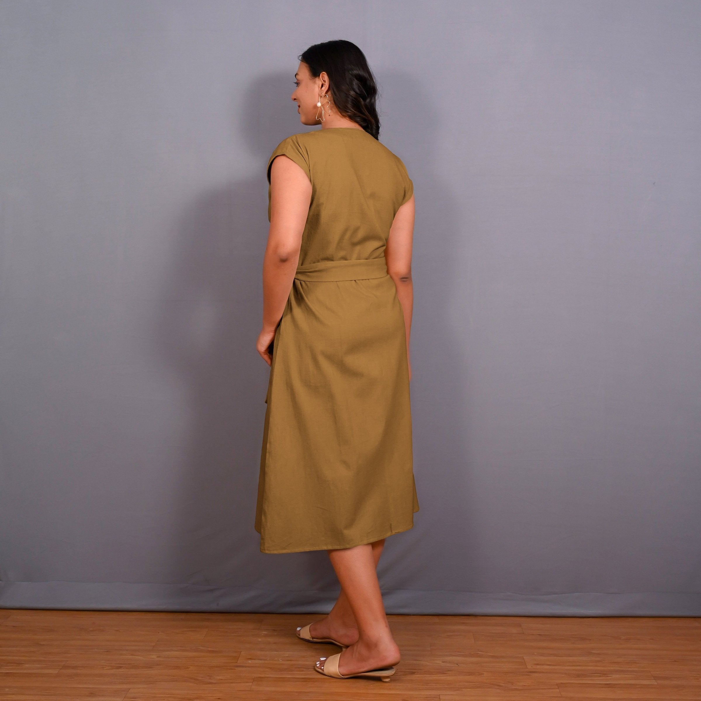 Mustard Warm Cotton Flannel Button-Down A-Line Midi Dress