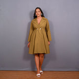 Mustard Warm Cotton Flannel Fit and Flare Knee Length Blazer Dress