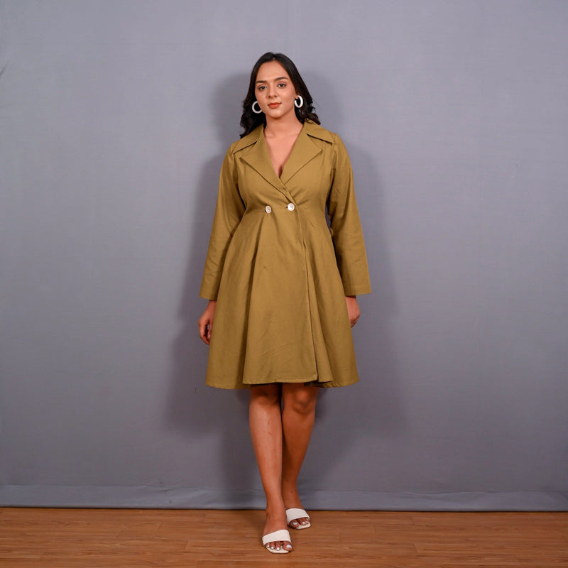 Mustard Warm Cotton Flannel Fit and Flare Knee Length Blazer Dress