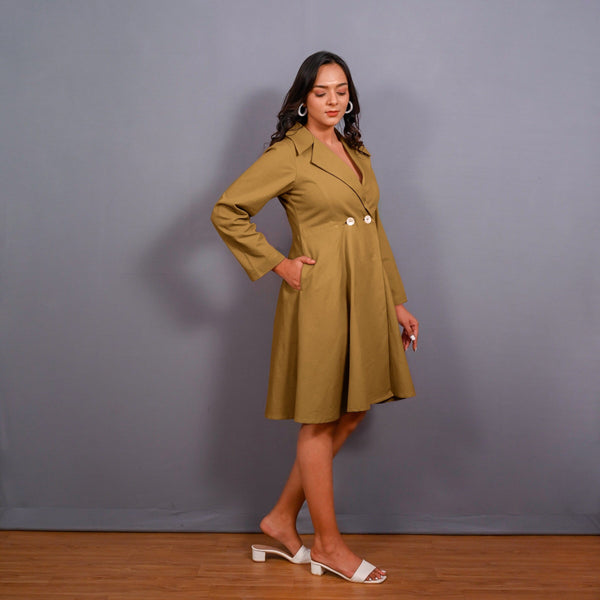 Mustard Warm Cotton Flannel Fit and Flare Knee Length Blazer Dress