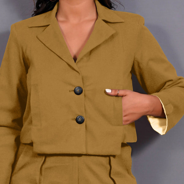 Mustard Warm Cotton Flannel Single-Breasted Crop Blazer