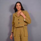 Mustard Warm Cotton Flannel Single-Breasted Crop Blazer