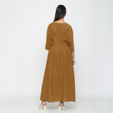 Mustard Yarn Dyed Cotton Ankle Length Pleated Flared Dress