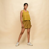 Right View of a Model wearing Mustard Gold 100% Cotton Short Shorts