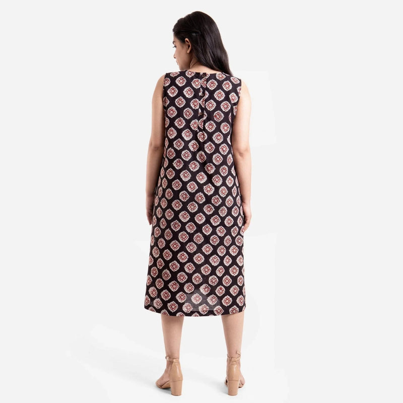 Back View of a Model wearing Natural Dyed Block Print Sleeveless Midi Dress