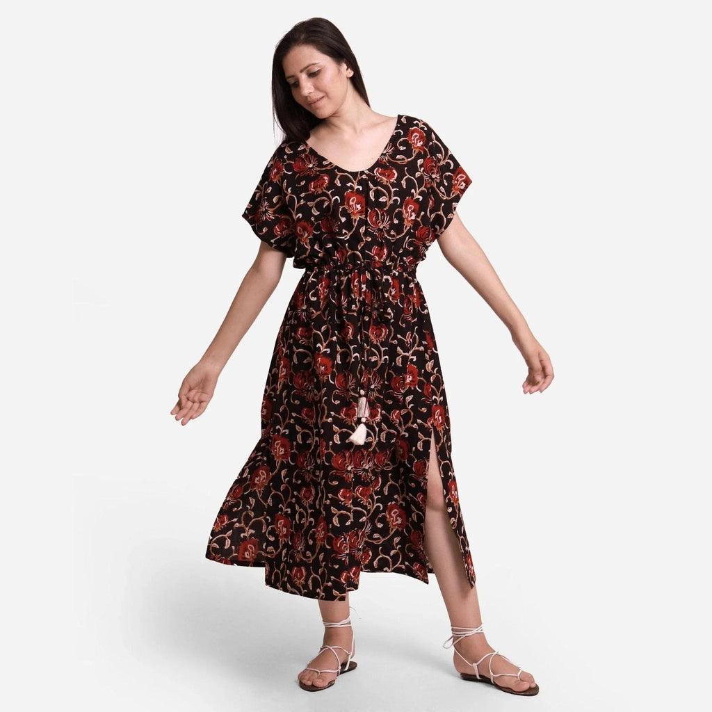 Front View of a Model wearing Floral Bagru Printed Kaftan Maxi Dress