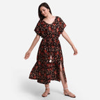 Front View of a Model wearing Floral Bagru Printed Kaftan Maxi Dress