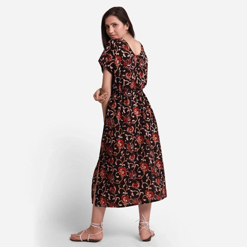 Back View of a Model wearing Floral Bagru Printed Kaftan Maxi Dress