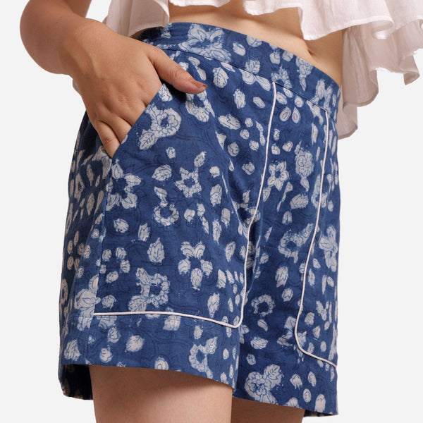 Front Detail of a Model wearing Dabu Indigo Short Shorts