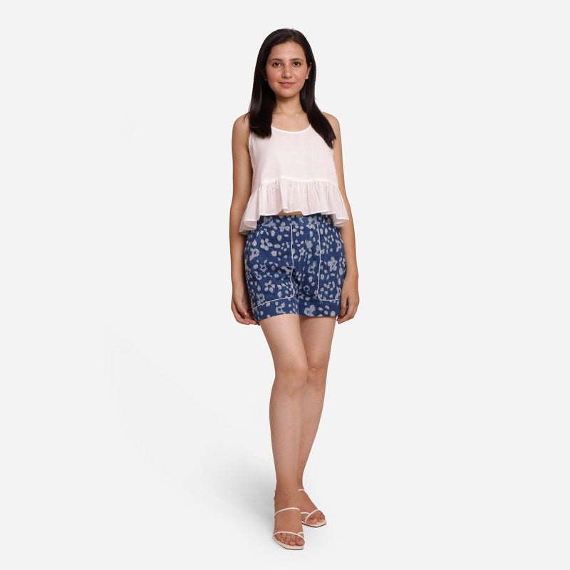 Front View of a Model wearing Natural Dyed Floral Block Print Cotton Shorts