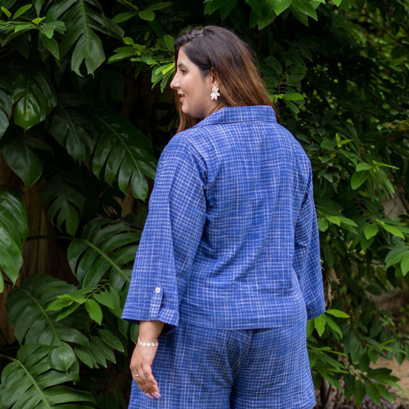 Navy Blue Checks Cotton Shirt and High-Rise Skort Co-ord Set