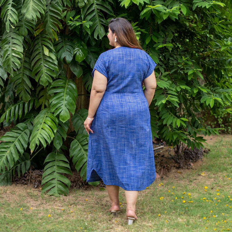 Navy Blue Checks Handspun Cotton A-Line Button-Down Midi Dress