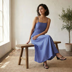 Navy Blue Checks Handspun Cotton Ankle Length Flared Sundress