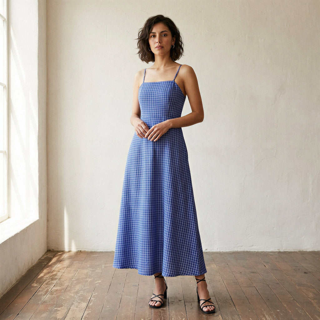 Navy Blue Checks Handspun Cotton Ankle Length Flared Sundress