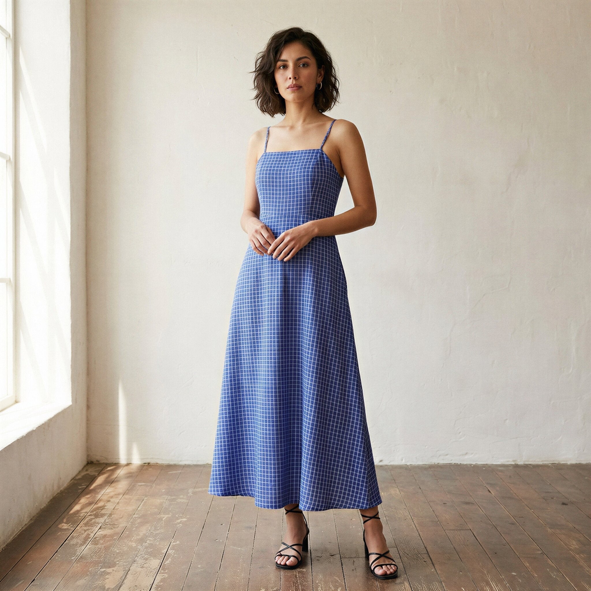 Navy Blue Checks Handspun Cotton Ankle Length Flared Sundress