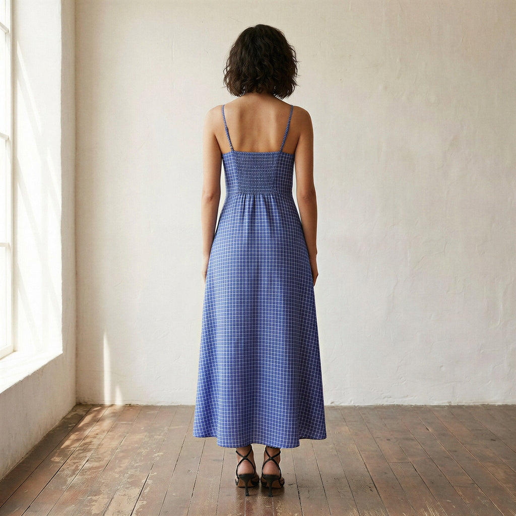Navy Blue Checks Handspun Cotton Ankle Length Flared Sundress