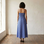 Navy Blue Checks Handspun Cotton Ankle Length Flared Sundress