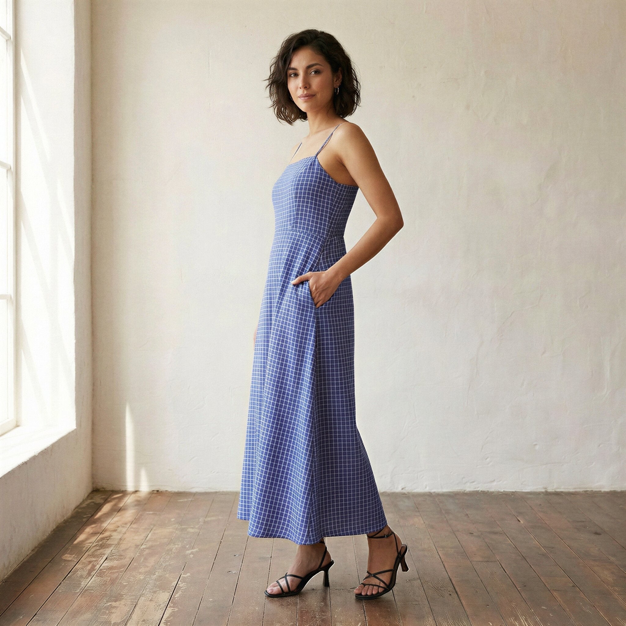 Navy Blue Checks Handspun Cotton Ankle Length Flared Sundress