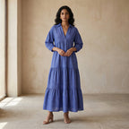 Navy Blue Checks Handspun Cotton Deep-V Maxi Tier Dress