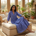 Navy Blue Checks Handspun Cotton Deep-V Maxi Tier Dress