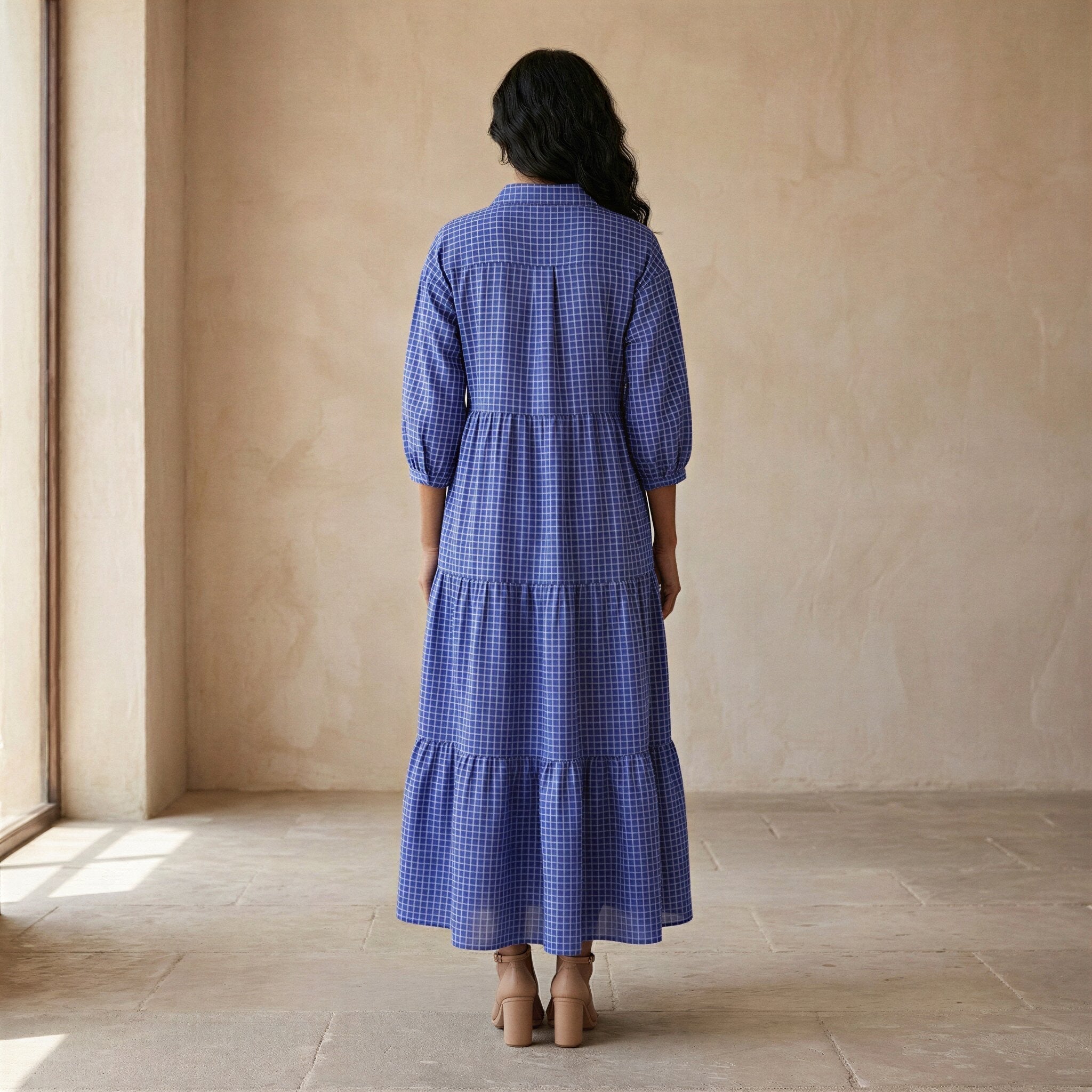Navy Blue Checks Handspun Cotton Deep-V Maxi Tier Dress