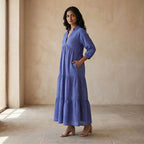 Navy Blue Checks Handspun Cotton Deep-V Maxi Tier Dress