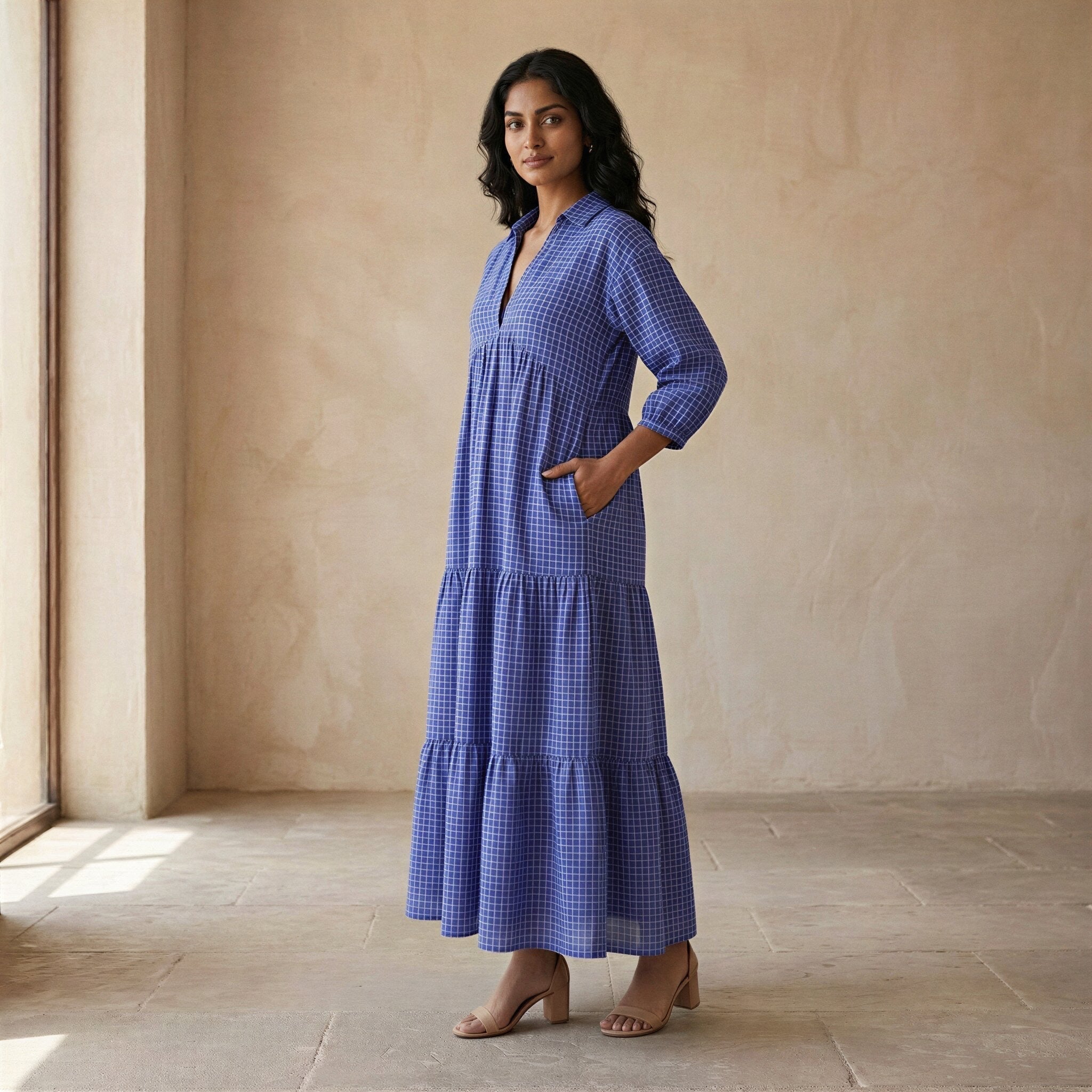 Navy Blue Checks Handspun Cotton Deep-V Maxi Tier Dress
