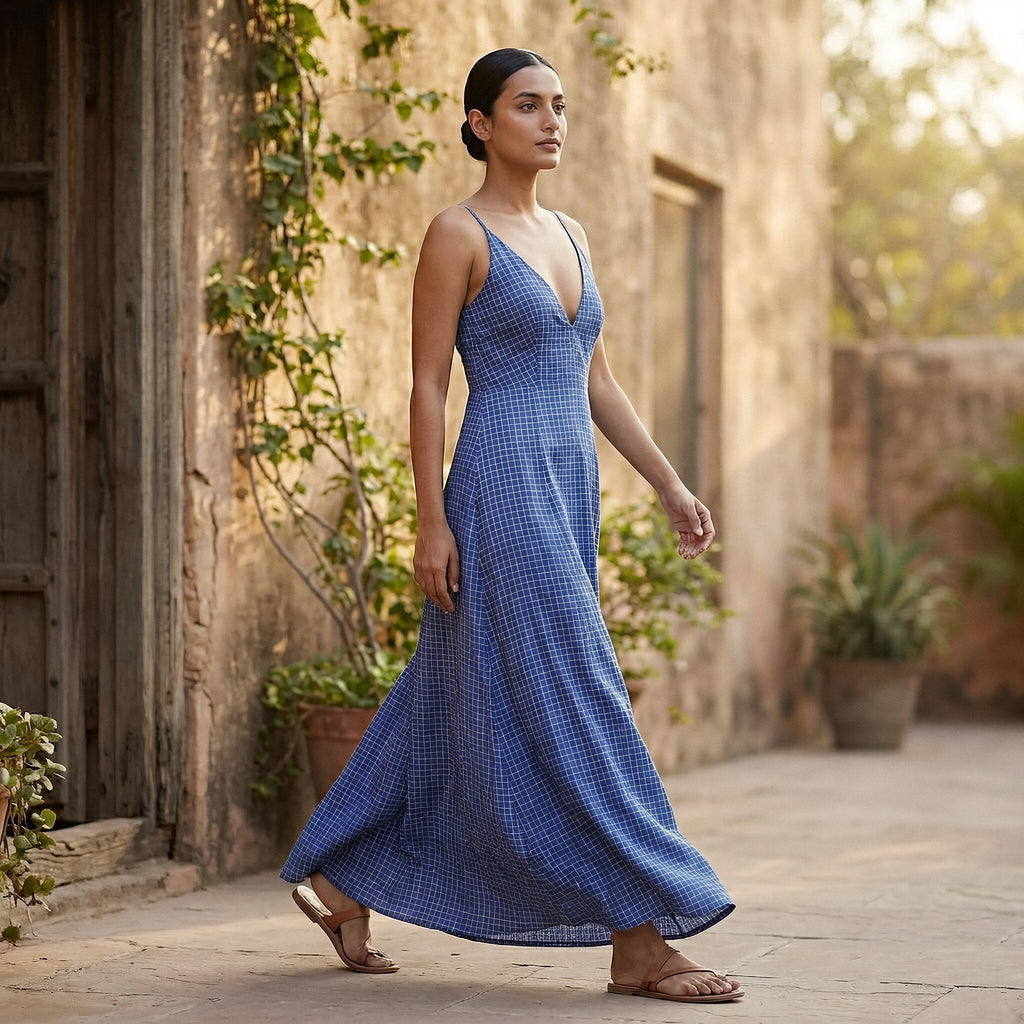 Navy Blue Checks Handspun Cotton Deep V-Neck Cami Maxi Dress