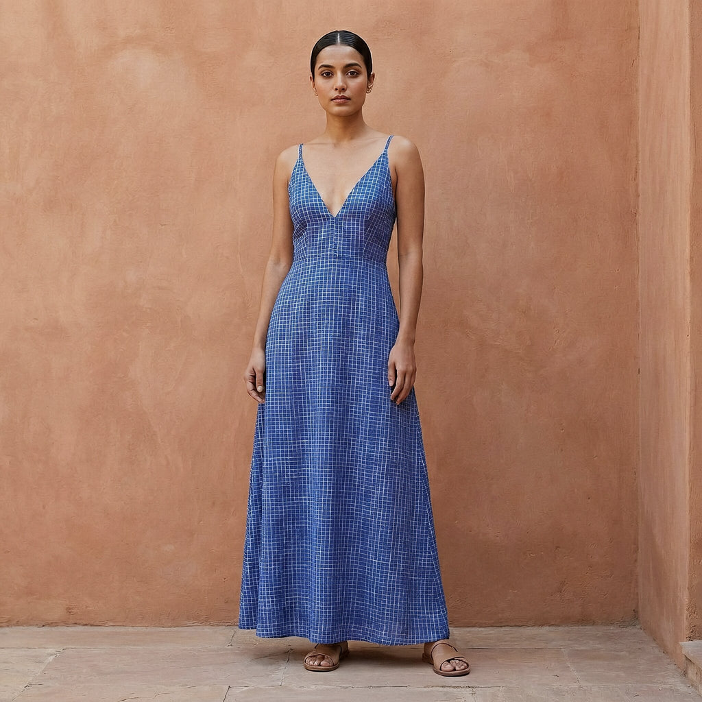 Navy Blue Checks Handspun Cotton Deep V-Neck Cami Maxi Dress