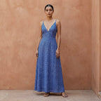 Navy Blue Checks Handspun Cotton Deep V-Neck Cami Maxi Dress