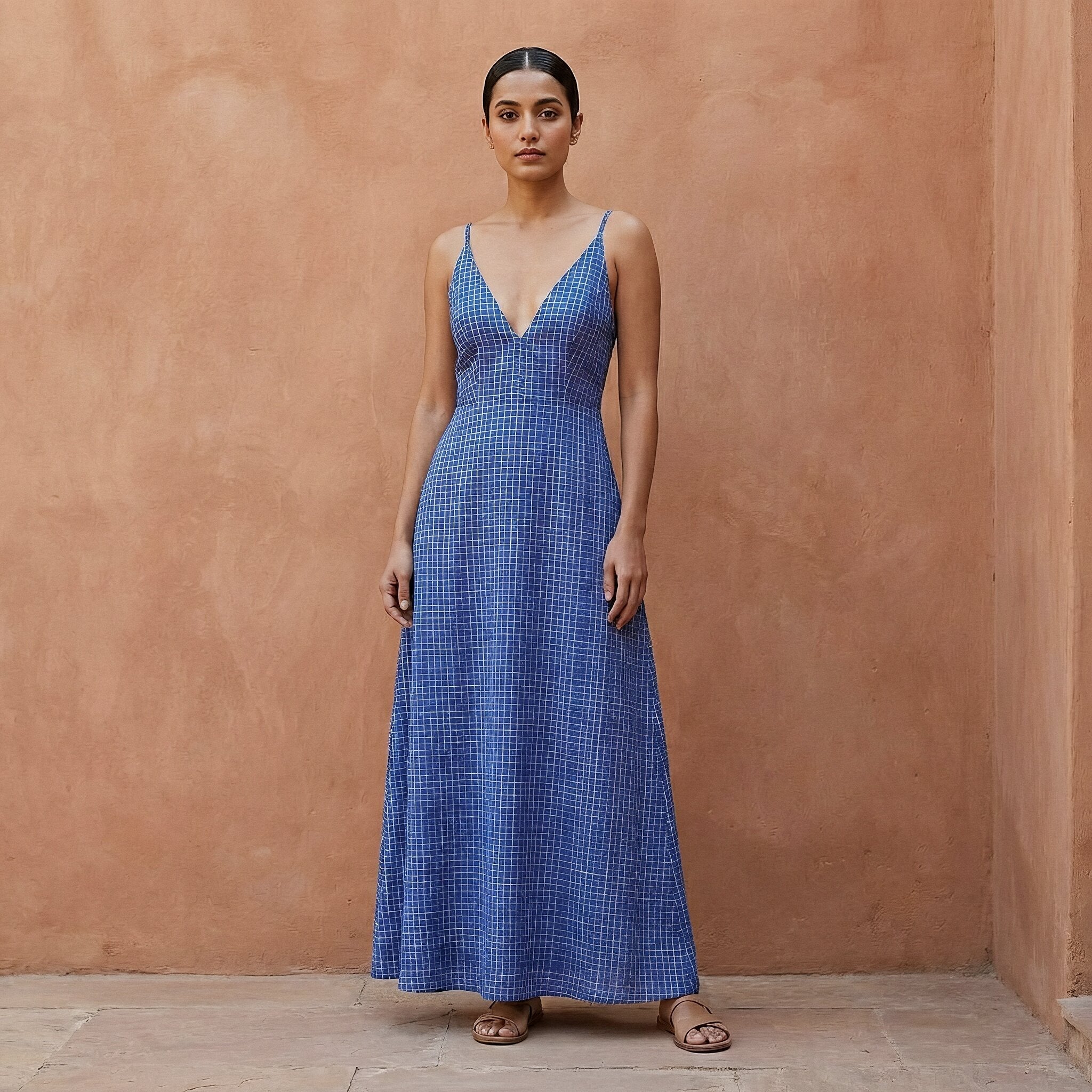 Navy Blue Checks Handspun Cotton Deep V-Neck Cami Maxi Dress