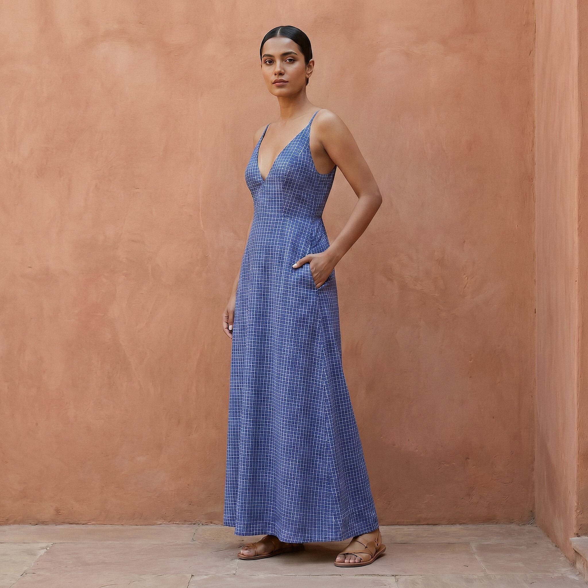Navy Blue Checks Handspun Cotton Deep V-Neck Cami Maxi Dress