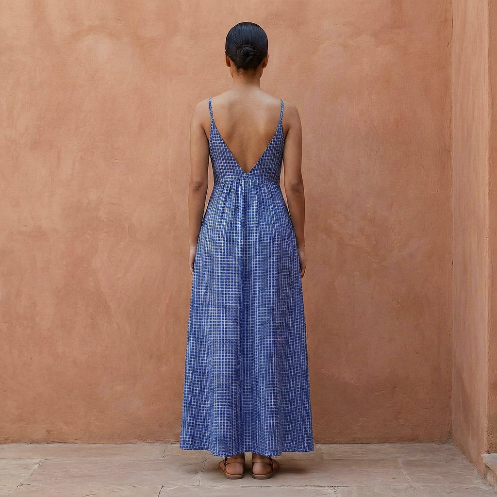 Navy Blue Checks Handspun Cotton Deep V-Neck Cami Maxi Dress