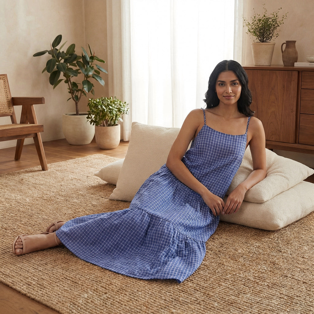 Navy Blue Checks Handspun Cotton Drop-Waist Camisole Maxi Tier Dress