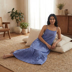 Navy Blue Checks Handspun Cotton Drop-Waist Camisole Maxi Tier Dress