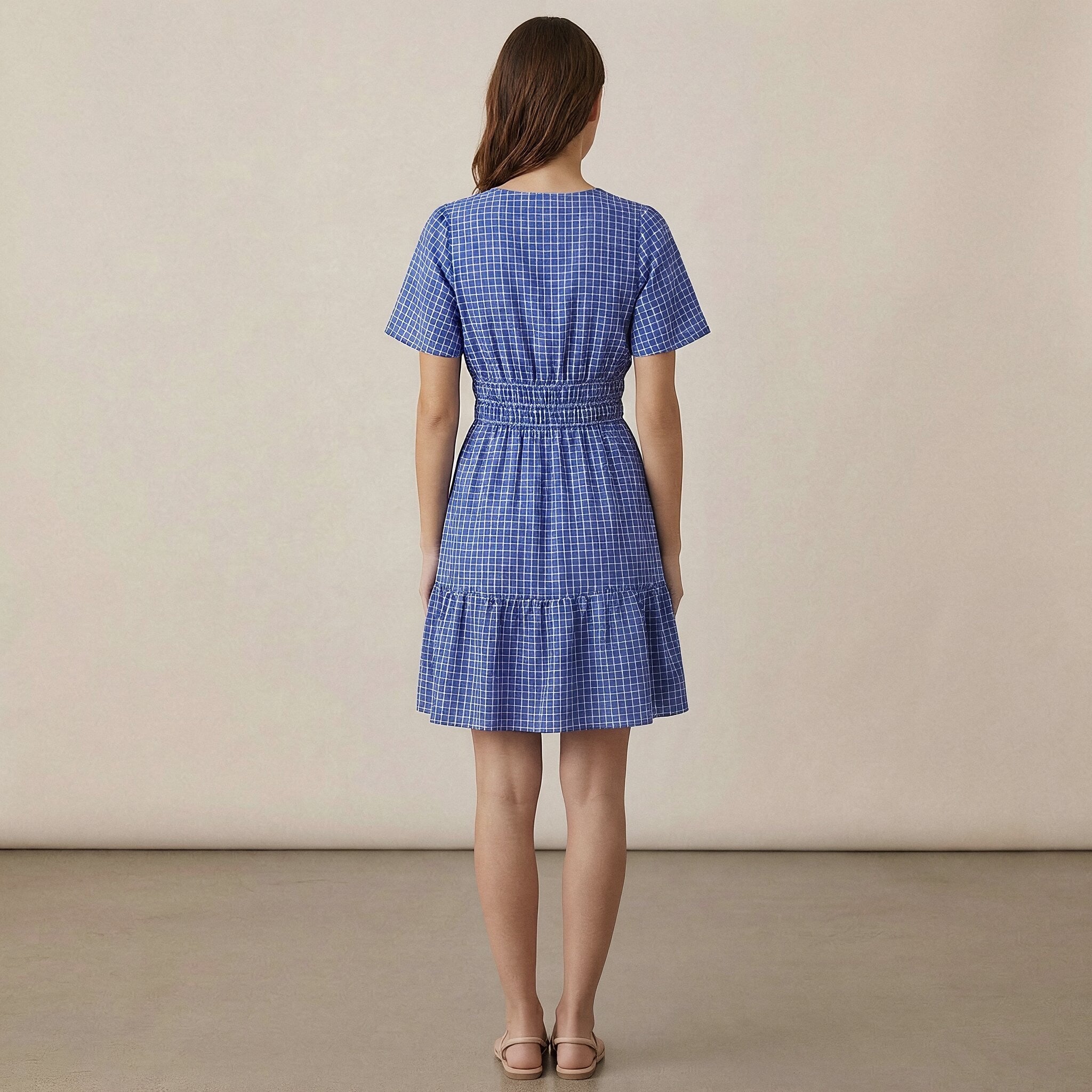 Navy Blue Checks Handspun Cotton Elasticated Short Tier Dress