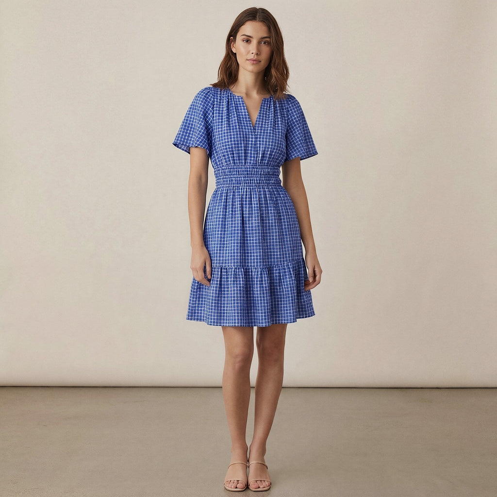Navy Blue Checks Handspun Cotton Elasticated Short Tier Dress
