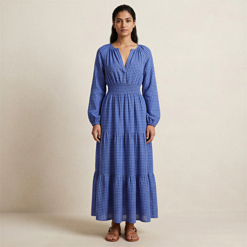 Navy Blue Checks Handspun Cotton Fit and Flare Maxi Tier Dress