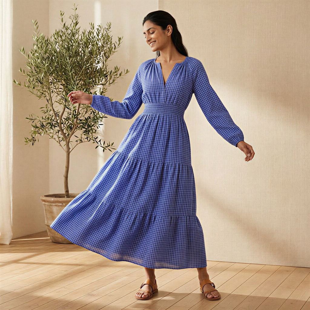 Navy Blue Checks Handspun Cotton Fit and Flare Maxi Tier Dress